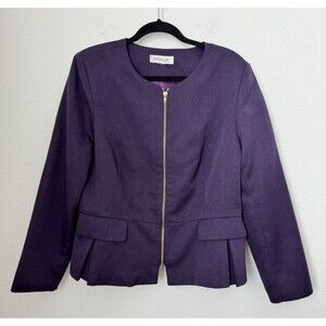 Danillo Women's Collarless Purple Full Zip Blazer Jacket Faux Pockets Size 14